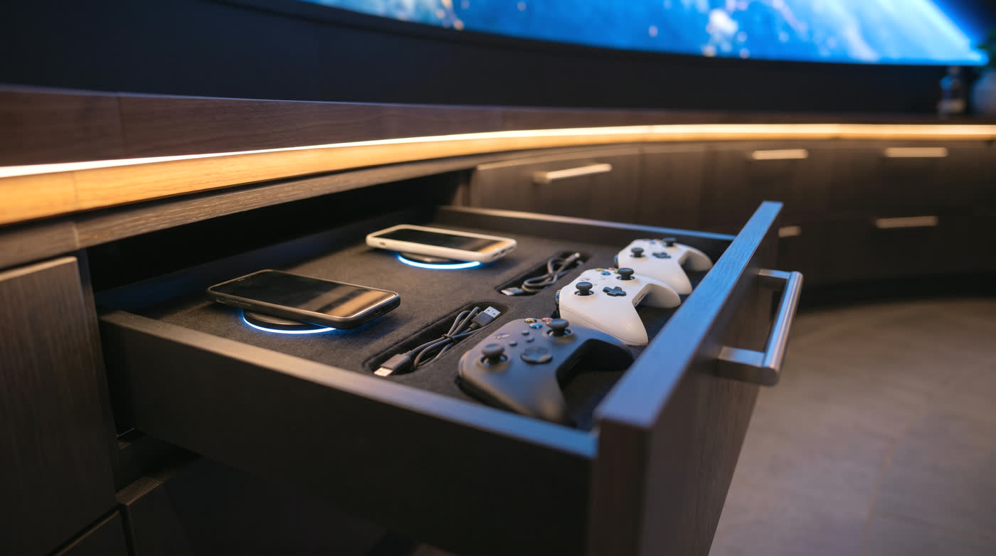 Charging drawer with wireless pads and controllers